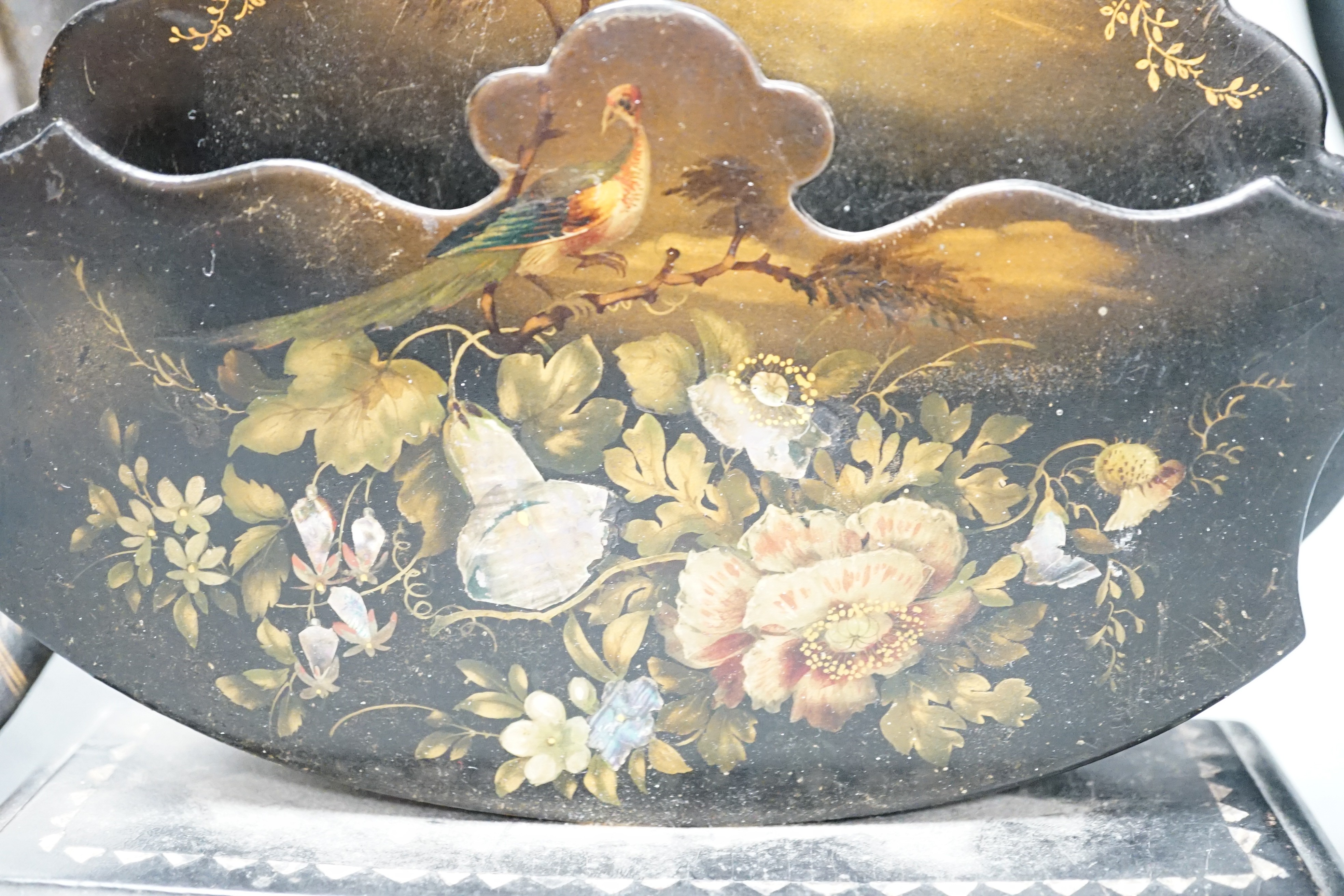 A Victorian papier mache stationary rack and a dish. 24cm